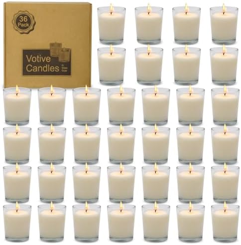 36 Packs Unscented White Votive Candles in Glass, Bulk Small 1.2oz Soy Wax Votives for Wedding Party Dinner Table by Unknown