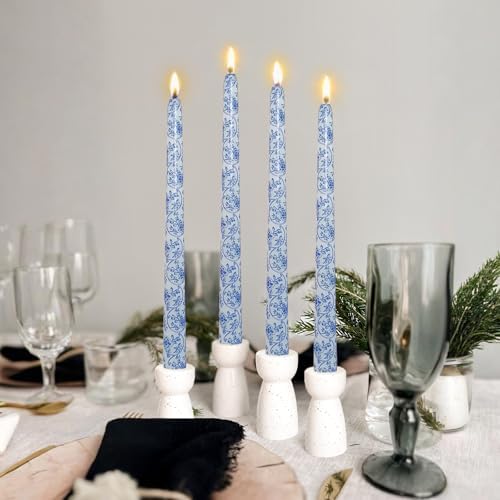 Blue Floral Long Taper Candles - 10 Inch Unscented and Smokeless Flower Printed Candle for Wedding, Dining & Holiday Table Centerpiece Set of 4 - Image 2
