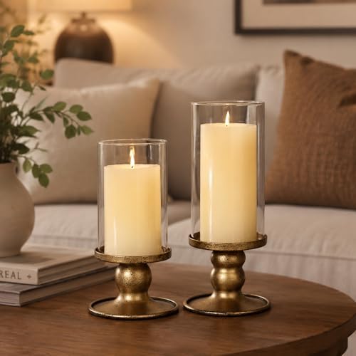 NITIME 2pcs Hurricane Candle Holder for Pillar Candles, Antique Brass Iron Candle Holders with Clear Glass Sleeve for Table Centerpieces, Pillar Candle Holders for Home, Wedding Decor - Image 4