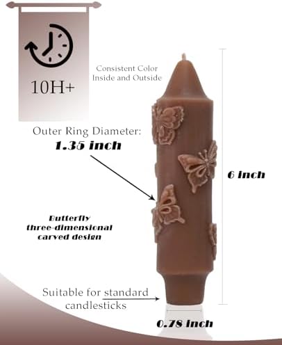 Short Taper Candle Brown CandleSticks Butterfly Dripless Mini Tapered Candles for Christmas Home Decor 6 inch Set of 4,Brown - Image 2