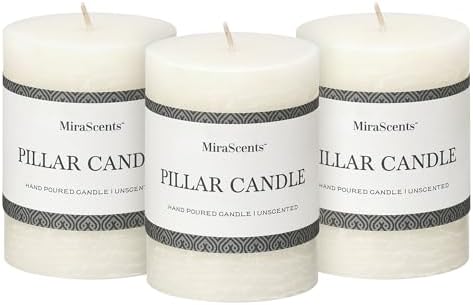 3x4 Inch White Pillar Candles - Set of 3, Hand-Poured Unscented, Long Burning, Smokeless Dripless for Dinner Table, Wedding, Home, Bathroom, Rustic Decor by MiraScents