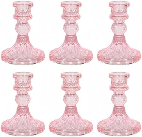 Pink Glass Candlestick Holders, Taper Candle Holders, Set of 6 by ECHFSM