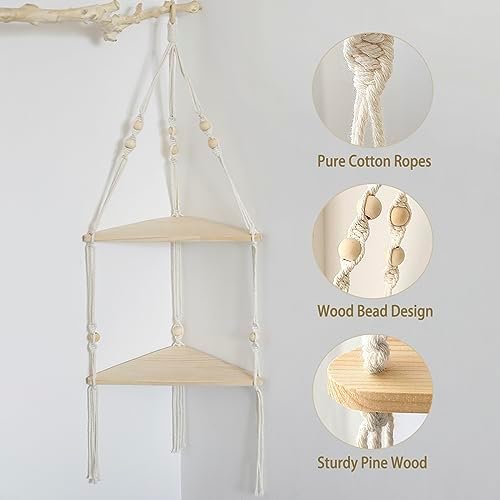 Artilady Corner Shelf Macrame Wall Hanging, Boho Wood Storage Wall Decor - Image 6