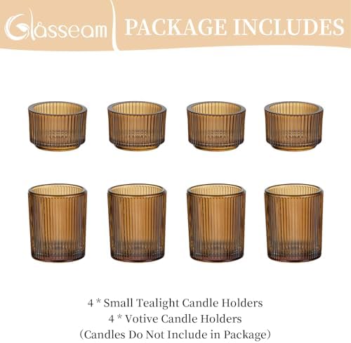 Glasseam Glass Votive Candle Holders: 8 Pcs Amber Ribbed Tealight for Table - Image 6