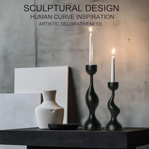 Smtyle Modern Sculptural Black Candle Stick Holders Cast-Aluminum Taper Set of 2 (7″ & 8″) Dual-Height Candlesticks for Dining Table Wedding or Home Decor - Image 3