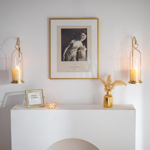 Gold Candle Sconces Set of 2, with Hurricane Glass - Image 2