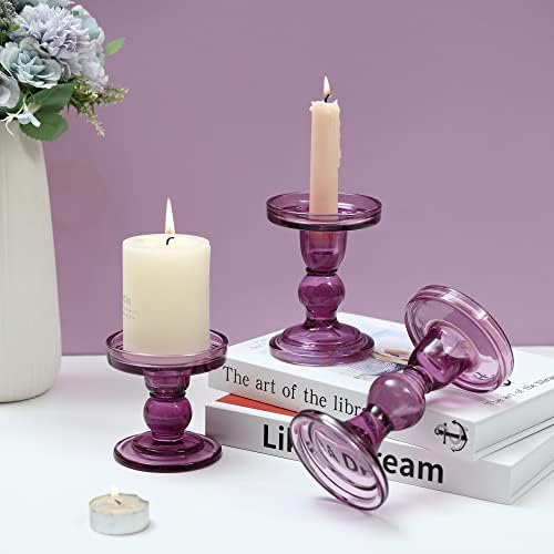 GMWD 3 Pcs Glass Candle Holder Set Clear, Purple Candlesticks Holders Pillar Taper Candles Tealight Stand for Wedding Centerpieces Home Decorations Dining Table - Image 5