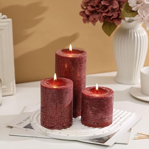 3x3 Inch Burgundy Pillar Candles Set of 3 - Hand-Poured Unscented Candles, Long Clean Burning, Dark Red Pillar Candle, Smokeless Dripless Candle for Dinner Table, Wedding, Home, Rustic Decor - Image 3