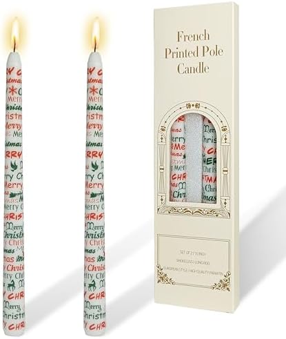 Christmas Printed Taper Candles–10 Inch Tall Red and Green Christmas Mixed Elements Unscented Smokeless YUKCAXDLS Candle for Holiday Table Centerpieces Party Decor - 2 Pack by YUKCAXDLS