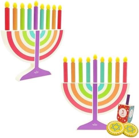 Mini Multicolor Hanukkah Menorah, 2-Pack 5" Inch Children Wooden Chanukah Menorah Set with Removable Wooden Candles, 3" Inch Dreidel, and Gelt Coins by TheDreidelCompany