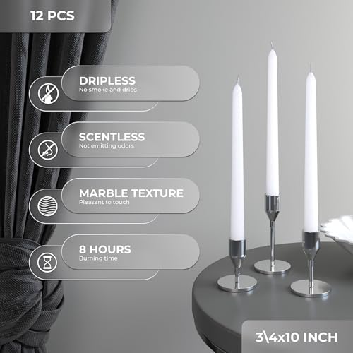 CANDWAX 10 inch White Taper Candles - Set of 12 White Candle Sticks Ideal for Christmas Decorations - Unscented Dripless Smokeless Long Burning Candlesticks - Christmas Candlesticks - Image 2