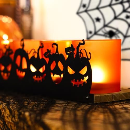 Jack o Lantern Halloween Candle Holder Set, 4 Orange Glass Votive Holders with Metal Pumpkin Charms & Wooden Tray, Spooky Indoor/Outdoor Halloween Decor for Parties, Mantel, Tables - Image 5