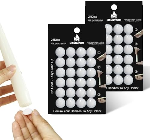 Taper Candles Sticky Dots - MANNYCOM White Wax Dot - Candl Accessories - Candle Adhesive - Secure Your Candles Fixed to Any Holder - 48 Pack by MANNYCOM