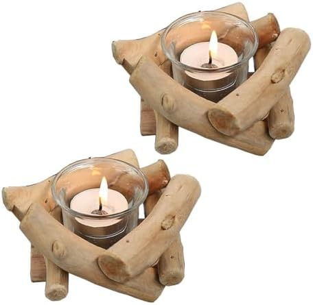 Sziqiqi Wooden Tea Light Candle Holder with Tealight Glass, Set of 2 by SZIQIQI
