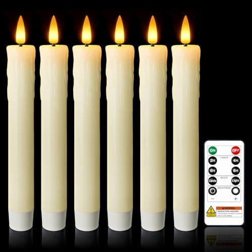 7 Inches Dripless Flameless Taper Candles with Remote Timer Dimmer, Real Wax Battery Candlesticks, 3D Flame Fake Candlesticks for Home Wedding Christmas Decor, Ivory, 6 Pcs by meigic
