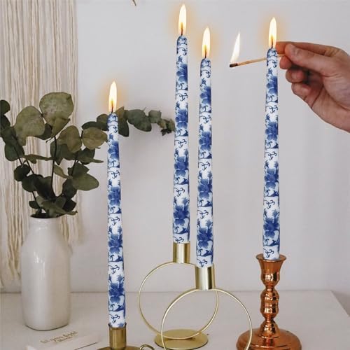 Floral Candle Sticks Printed Candlestick,Gedengni Set of 4 Spiral Taper Candle Long Twisted Candlesticks 10 inches Blue Flower Tapered Candles for Home Wedding Holiday Party (8D4T-BLUWHT) - Image 2
