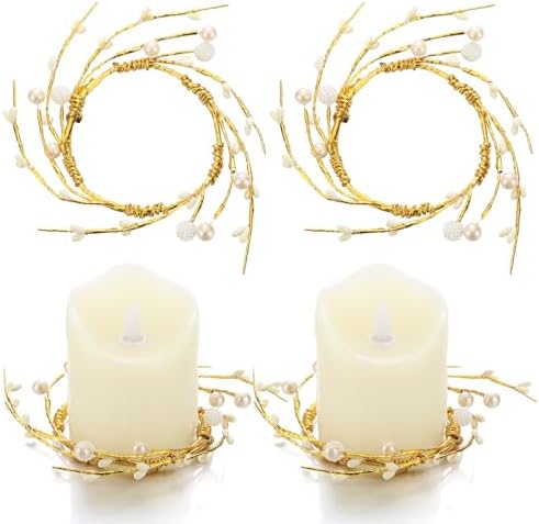 Daifunli 2 Pcs Pearl White Berry and Pip Gold Wire Candle Rings Vintage Pip Berries Wreaths for Pillar 3.9 Inch Candles Holder for Summer Ocean Beach Rustic Table Centerpiece Decor by Huiinen