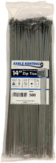 Kable Kontrol Gray Zip Ties 14 Inch 500 Pcs, 50 Lbs Tensile Strength, Self-locking Nylon Colored Cable Ties Wire Wraps for Indoor or Outdoor Use