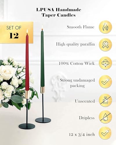 12 Inch Christmas Taper Candles Unscented Smokeless Long Tall Tapered Candle for Candlesticks Sticks Wedding Advent Home Decor Dinner，Set of 12,Redgreen - Image 3