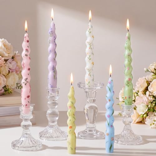 6pcs Pastel Floral Spiral Taper Candle 7.1" Flower Twisted Candlestick by Conelist