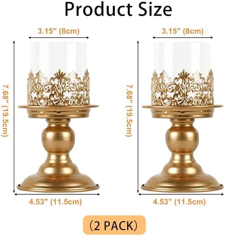 2 PCS Hurricane Candle Holder with Glass Sleeve, Gothic Metal Vintage Candle Holders, Large Table Centerpieces Candle Stand for Weddings and Events, Gold, L+L - Image 2