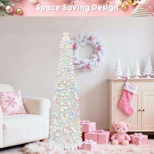 Pop Up Christmas Tree, 5FT Collapsible Artificial Christmas Tree with 90 LED Lights, Tinsel Small Pencil Christmas Tree for Home Holiday Fireplace Party Indoor Outdoor Xmas Decorations (White) - Image 3