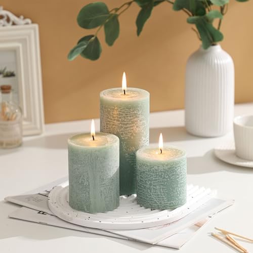 3x6 Inch Sage Green Pillar Candles Set of 3 - Unscented Spring Candles, Long Clean Burning, Large Big Candle, Smokeless Dripless Candle for Spring Home Decor, Dinner Table, Bathroom, Rustic Decor - Image 3