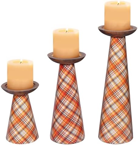 Mela Artisans Ochre Metal Candle Holders - Multi Plaid, Set of 3 - Image 2