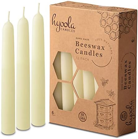Hyoola 6" Beeswax Taper Candles 12 Pack - Handmade, All Natural, 100% Pure Unscented Bee Wax Candle - Tall, Decorative, White 6 Hour Burn Time by Hyoola