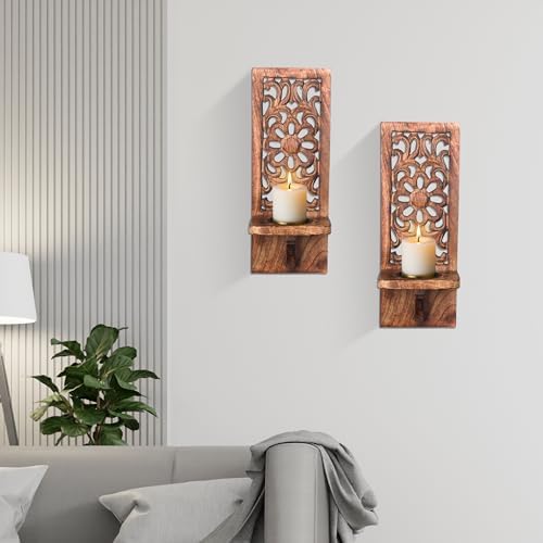 Wooden Wall Floral Carved Candle Sconces, 16 Inch – Burnt - Image 4