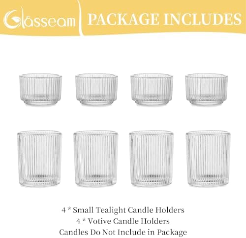 Glasseam Glass Tealight Candle Holder: Set of 8 Ribbed Clear Votive Candle Holders for Table Centerpiece, Decorative Small Vintage Tea Lights Candle Holder for Wedding Christmas Dining Room Decoration - Image 6