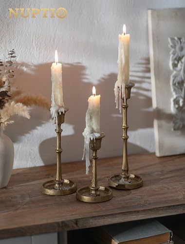 NUPTIO Cast Iron Taper Candle Holders, Set of 3 Antique Brass Candlesticks - Image 5