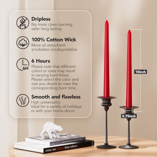 New Burning Formula Unscented Dripless 10-Inch Taper Candles Set of 12 - Red, for Wedding, Dinner - Smokeless, Long Burning - Hand Poured, Colored Tall Candlesticks - Rojo - Image 2