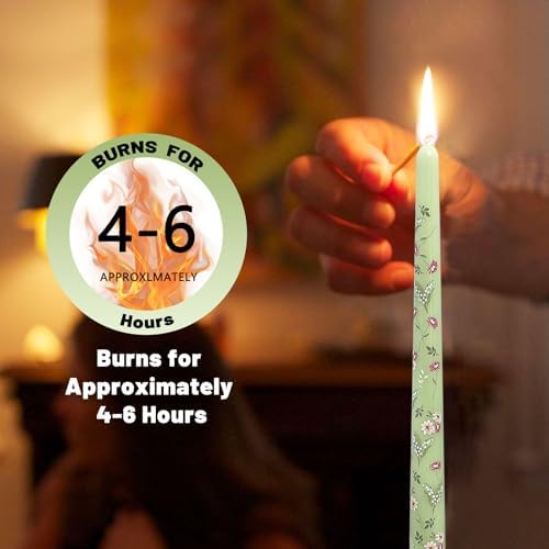 NJAO HOO Flower Candlesticks 10 in Straight Taper Candles Hand Printing Colored Green Candlesticks Floral Tall Tapered Candle for Spring Home Garden Decor Simple Modern, 2Pcs - Image 6