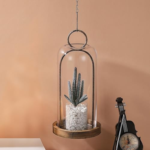 16" High Versatile Rustic Brown Metal Candle Holder with Handmade Sturdy Glass Dome And Shabb Brown Wooden Base for Pillar Candle & Plants, Industrial, Farmhouse, Shabby Chic, Display Cloche Bell Jars - Image 4