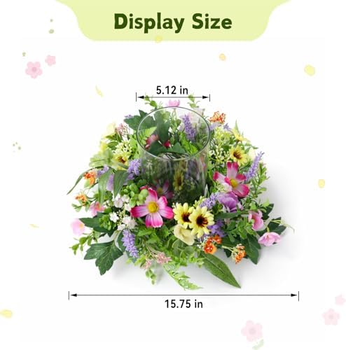 Floral Candle Holder Centerpiece for Table, Glass Hurricane with Detachable Small Floral Wreath, Farmhouse Spring Centerpiece for Dining Table, Wedding, Home Decor - Image 4