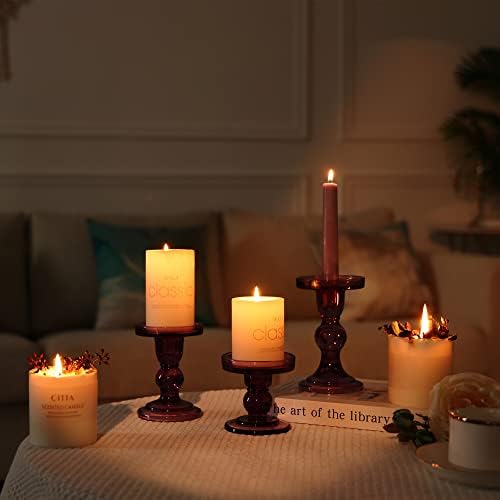 GMWD 3 Pcs Glass Candle Holder Set Clear, Purple Candlesticks Holders Pillar Taper Candles Tealight Stand for Wedding Centerpieces Home Decorations Dining Table - Image 7