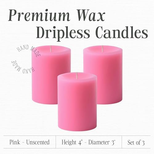 Mister Candle Dripless Unscented Pink Pillar Candles, Set of 3 Hand Poured Solid Color Non-Scented Candles for Home Decor, Premium Wax, 60 Hr Burn Time - 3x4 Inch, Pink - Image 2