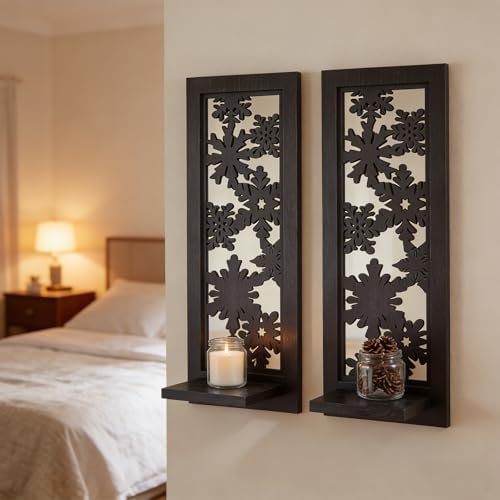 ZEXUIRU 2 Set Rustic Candle Sconces Living Room Bedroom Entryway Wood Mirrored, Farmhouse, Carved Frame Wall-Mount Wooden Candle Holders Wall Decor Hanging Handmade Holder - Black - Image 5