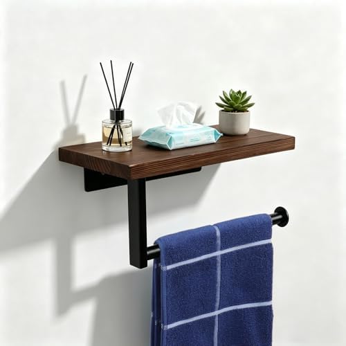 Bathroom Hand Towel Holder/Towel Ring, Premium Metal Wall Mounted Hand Towel Hanger with Wooden Shelf, Heavy Duty Kitchen Towel Holder Rustic Hand Towel Rack for Bathroom Accessories (Black) by Vanloory