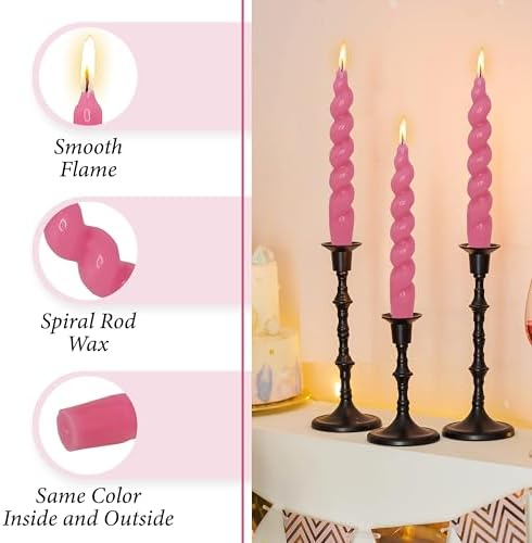 7.5 Inches Spiral Taper Candles Colorful Twisted Candle Dripless Long Candles, Handmade Candlesticks for Wedding Dinner Decor, Set of 4(Berry Hot Pink) - Image 3