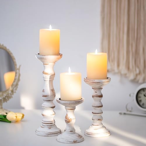 Romadedi Pillar Wood Candle Holders, Whitewashed Brown, Set of 3 - Image 3