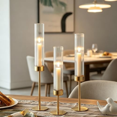 Hurricane Candle Holders Brass Gold Candlestick Holders Tall Taper Candle Holders for Candlesticks Candle Sticks Holder Decor for Table Centerpiece Wedding Party Decorations (Gold-Ribbed Glass 3pcs) - Image 2