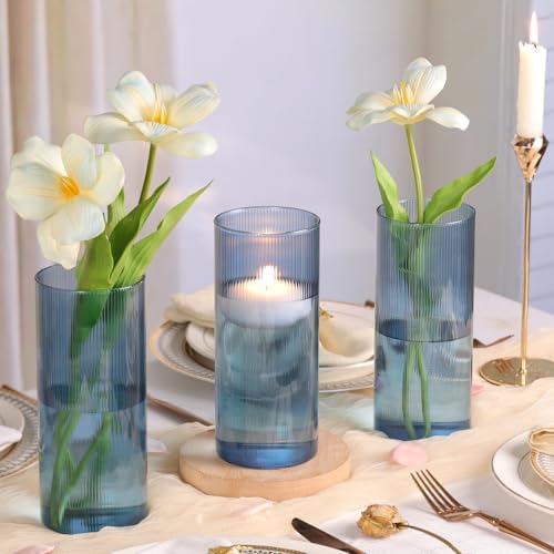 Glass Cylinder Vases, Blue, 8 Inch Tall, Set of 3 - Image 6