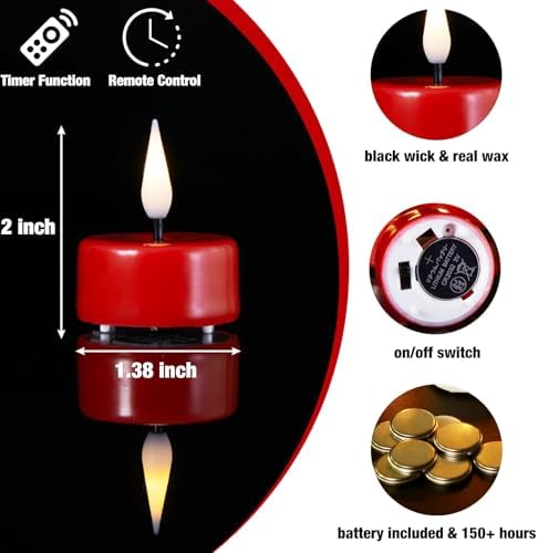 Eywamage Red Flameless Tealights with Remote Batteries, Flickering Real Wax LED Tea Votive Candles Proposal Decor Set of 10 - Image 2