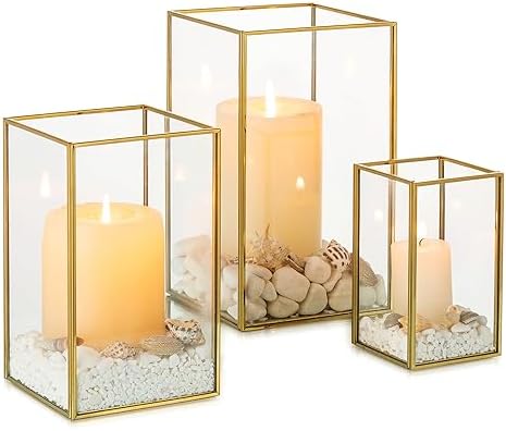 NUPTIO Hurricane Glass Candle Holders: 3Pcs Gold Lanterns Candle Holder for Pillar Candles Geometric Table Centerpiece for Outdoor & Indoor Wedding Christmas Holiday Party Decor 8.1 & 6.5 & 4.7 inch by Nuptio