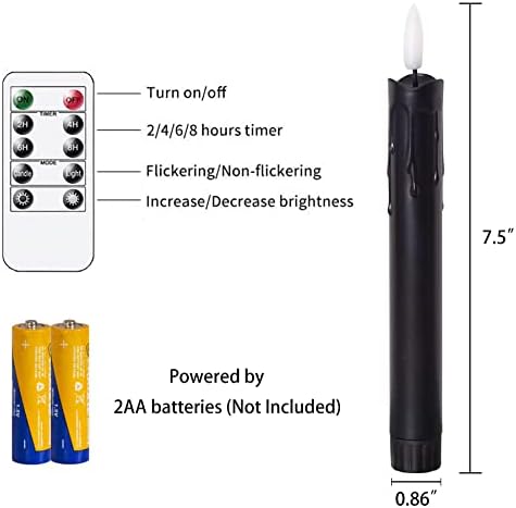 Flameless Flickering Taper Candles Two Remote, 7.5 Inch Black Battery Operated LED Window Candles Timer,Set of 8 Plastic 3D-Wick Dripping-Wax Effect Flameless Candlesticks(0.86”Dia,Warm Fire) - Image 4