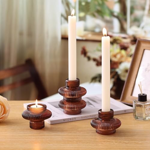 Taper Glass Candlestick Holders Tealight Candle Holders for Table Centerpieces, Fall Wedding Decor and Dinner Party Thanksgiving Christmas Decor (8 Pcs, Brown) - Image 4