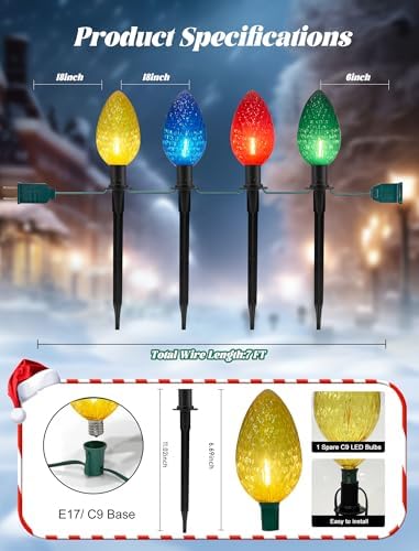 C9 Multicolor Christmas Decorations Outdoor Waterproof, 8FT Strawberry Jumbo Walkway Lights with 4 C9 LED Bulb, Connectable Marker Stakes Landscape Lights for Winter Yard Garden Lawns Xmas Holiday - Image 3