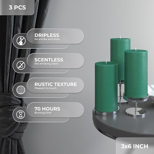 CANDWAX 3x6 Inch Green Pillar Candles Set of 3 - Large Unscented Dripless Green Candles, Rustic Decorative Style for Weddings, Special Events, Home Décor, Christmas Decorations - Image 3